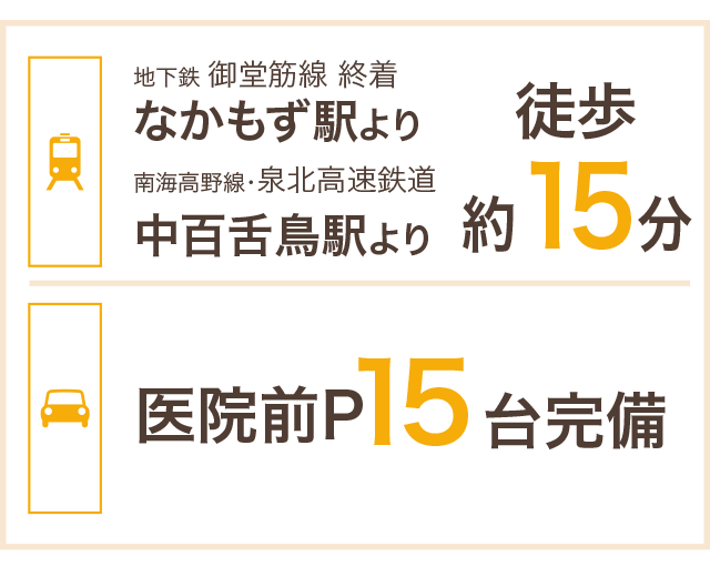 地下鉄御堂筋線終点 なかもず駅徒歩15分。医院前P15台完備。